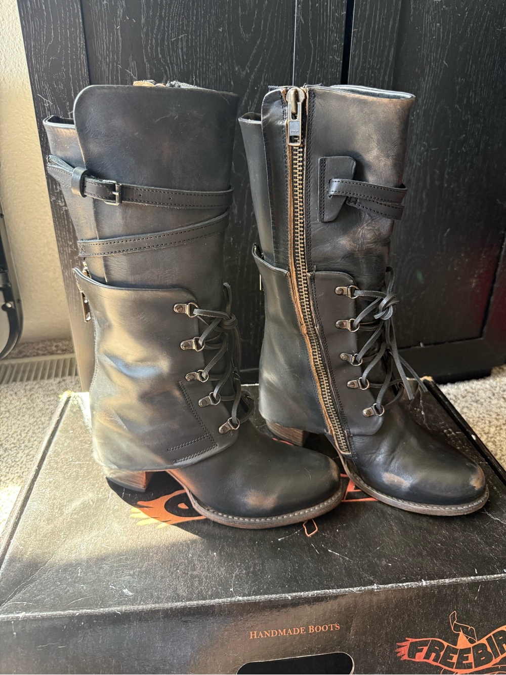 freebird Black Leather Lace-Up Zip Mid-Calf Boots